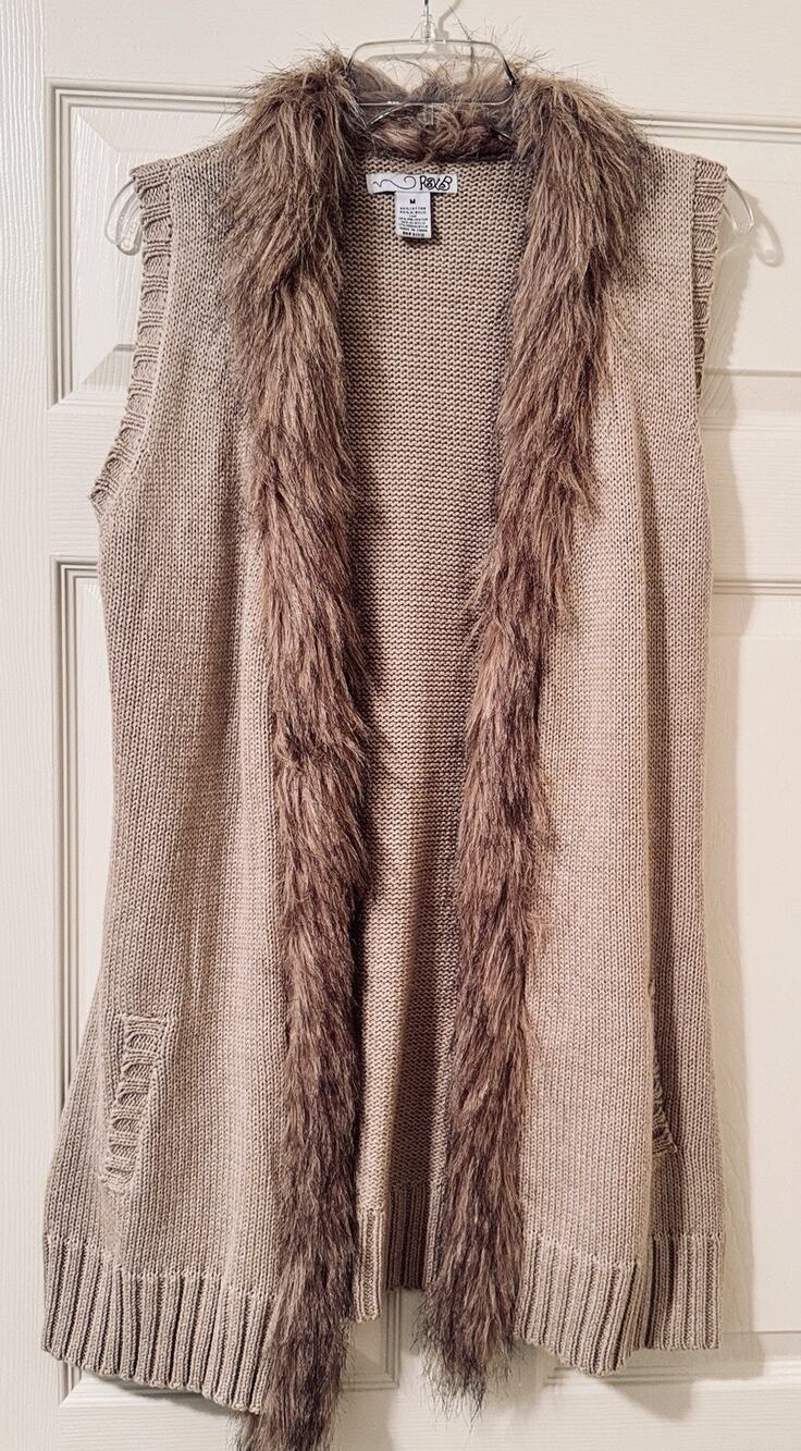 Rxb Beige‎ Sweater Vest Open Cardigan Faux Fur Lined Boho Duster Longline Knit M